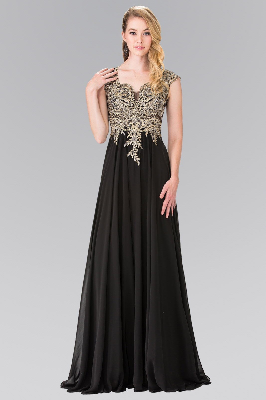 Full Embroidered Top Chiffon Long Dress with Sheer Back - RoshelLuxe.com