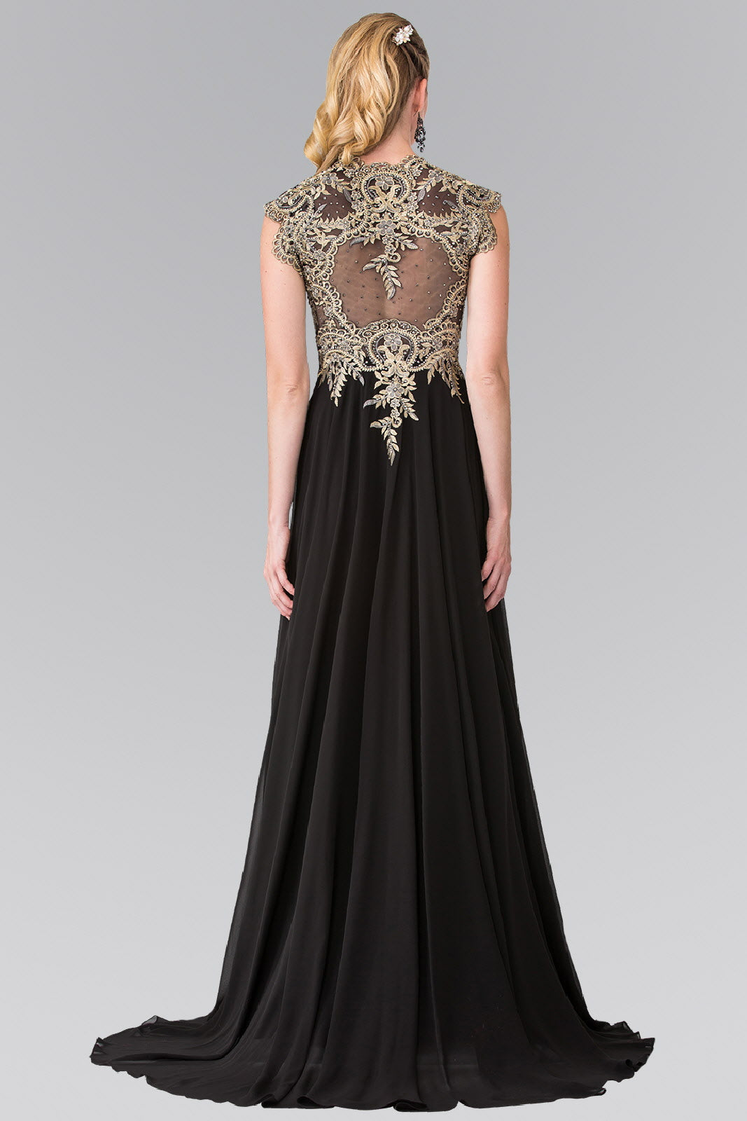 Full Embroidered Top Chiffon Long Dress with Sheer Back - RoshelLuxe.com