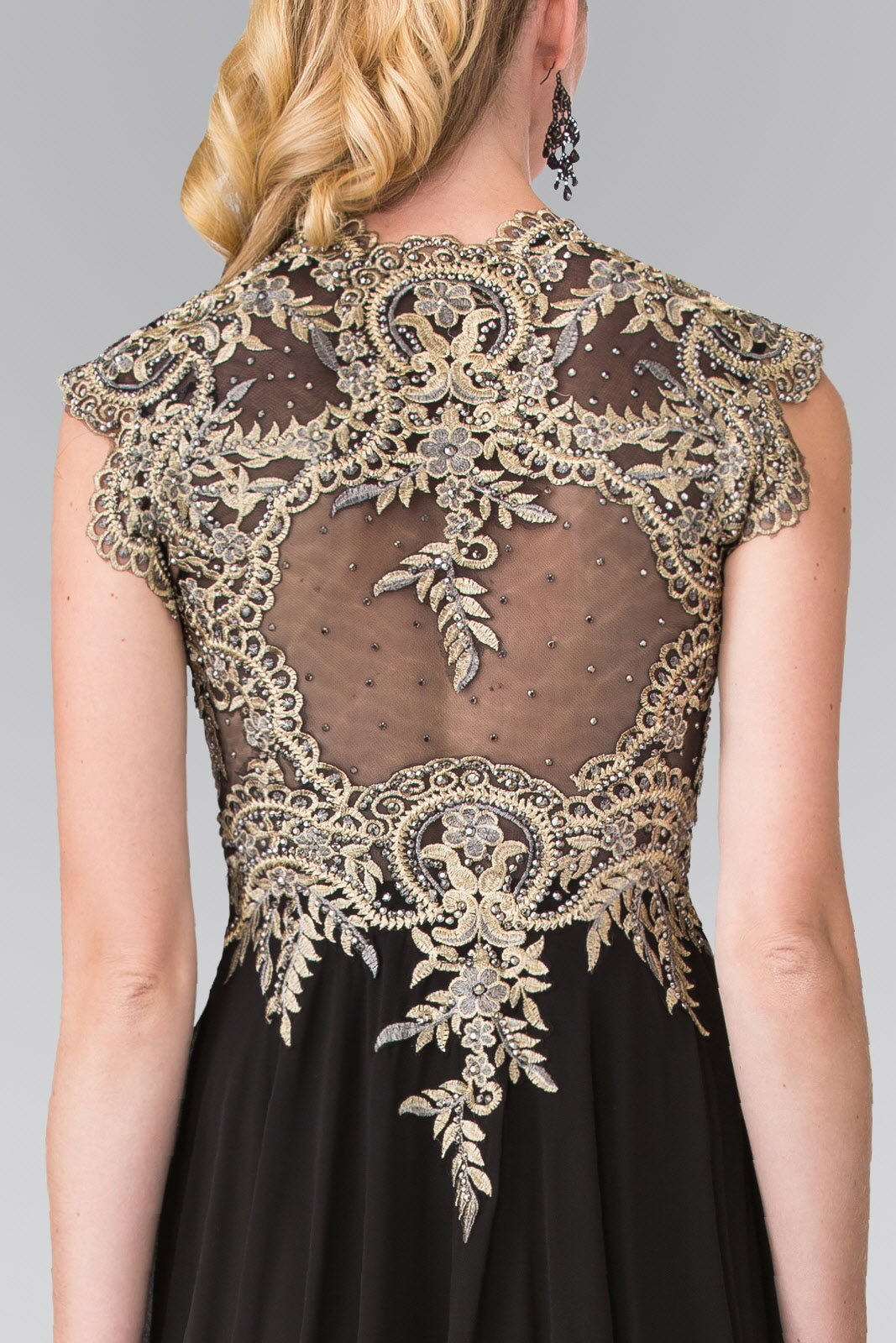 Full Embroidered Top Chiffon Long Dress with Sheer Back - RoshelLuxe.com