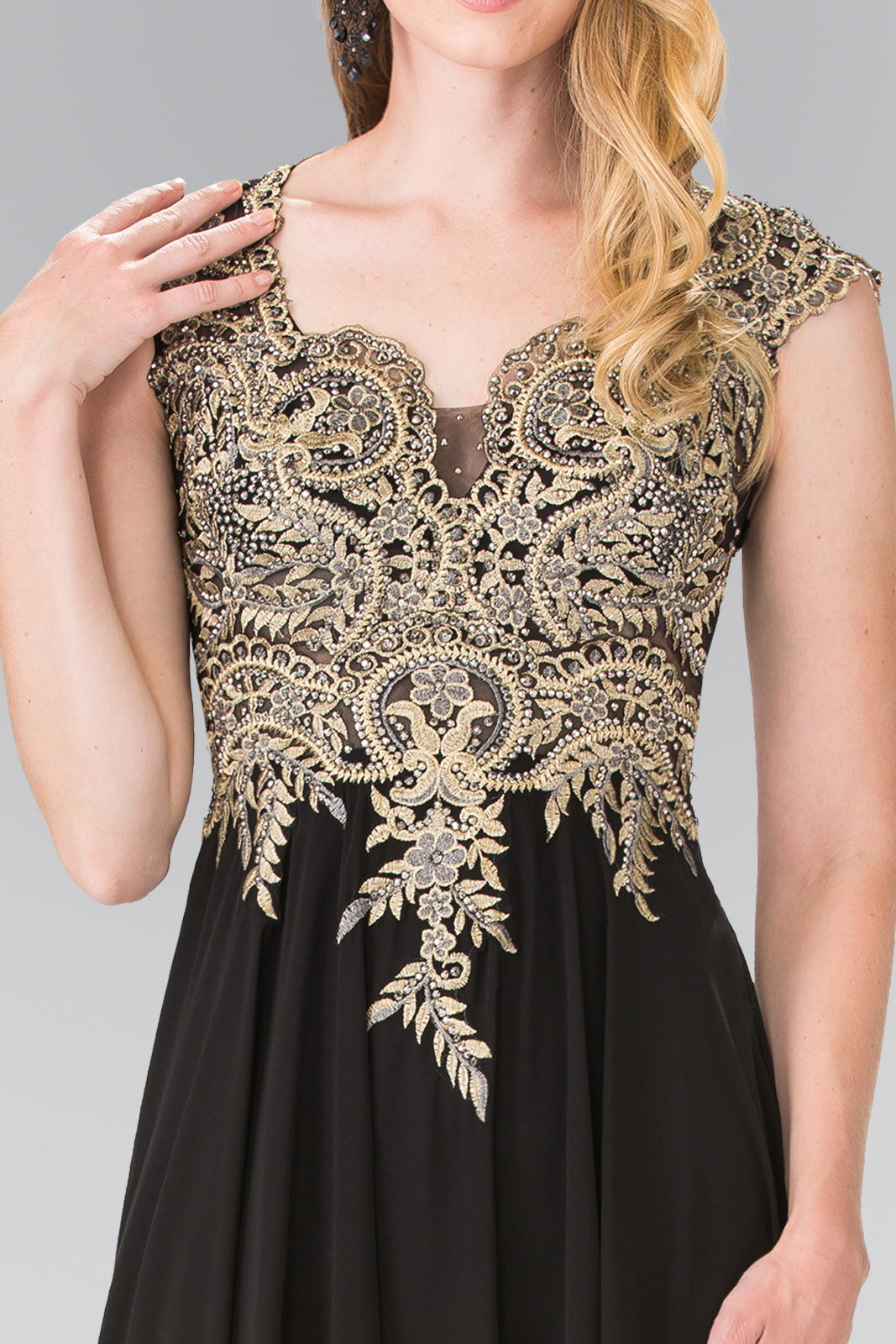 Full Embroidered Top Chiffon Long Dress with Sheer Back - RoshelLuxe.com