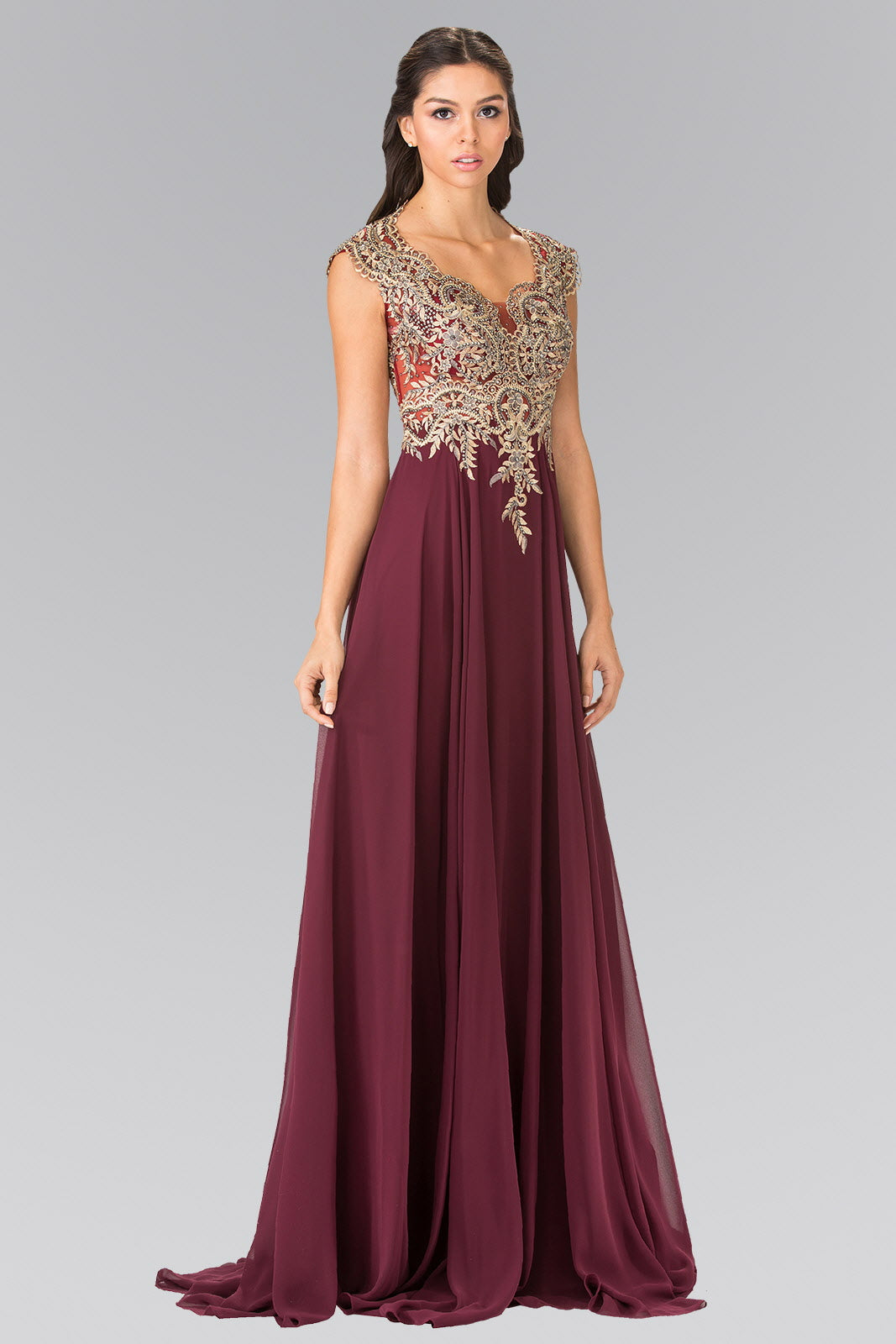 Full Embroidered Top Chiffon Long Dress with Sheer Back - RoshelLuxe.com