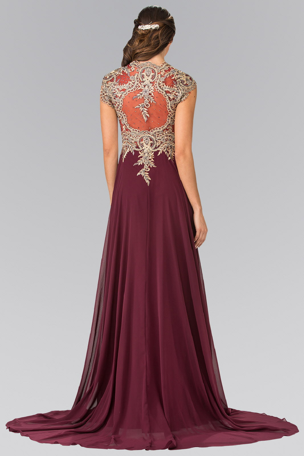 Full Embroidered Top Chiffon Long Dress with Sheer Back - RoshelLuxe.com
