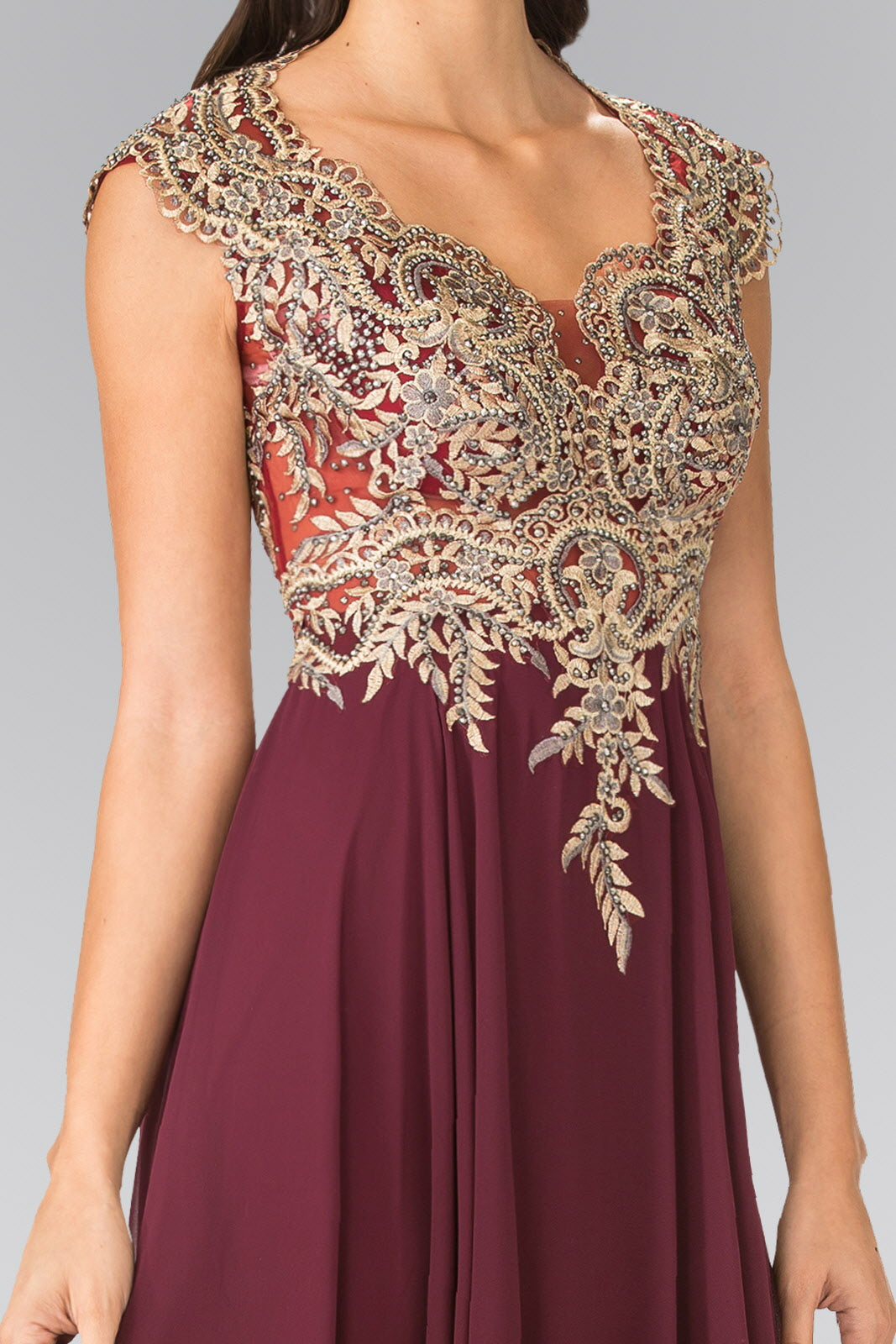 Full Embroidered Top Chiffon Long Dress with Sheer Back - RoshelLuxe.com