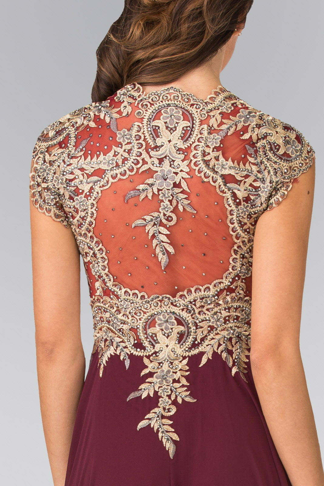 Full Embroidered Top Chiffon Long Dress with Sheer Back - RoshelLuxe.com