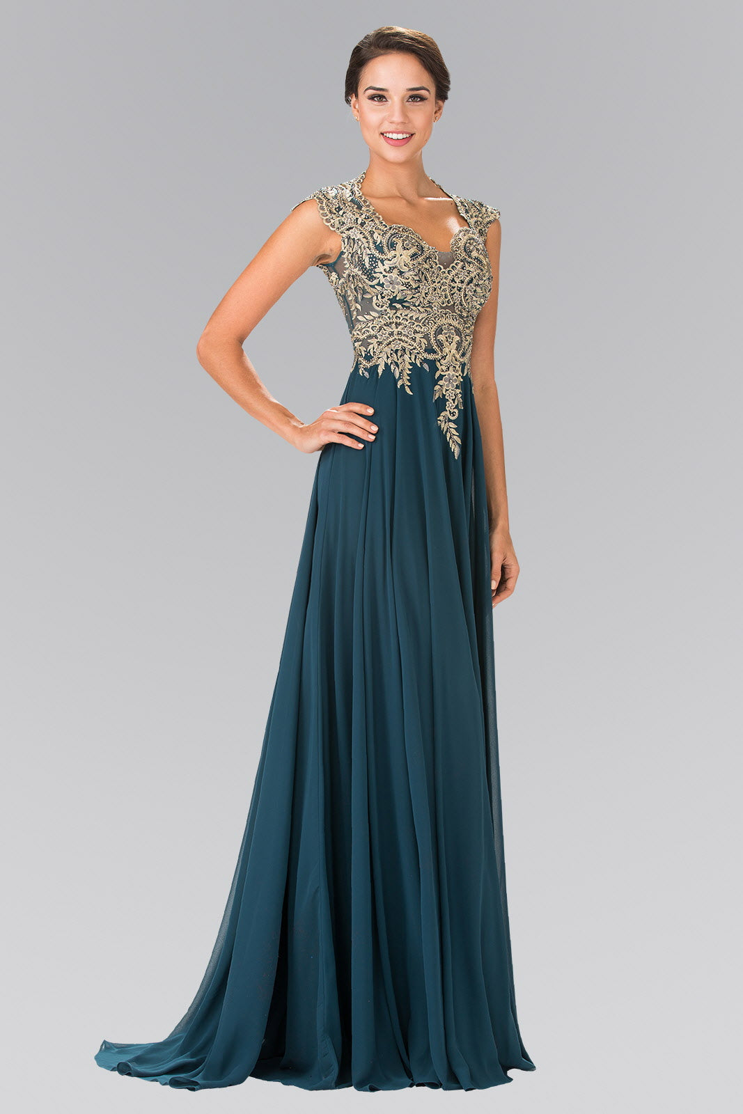 Full Embroidered Top Chiffon Long Dress with Sheer Back - RoshelLuxe.com