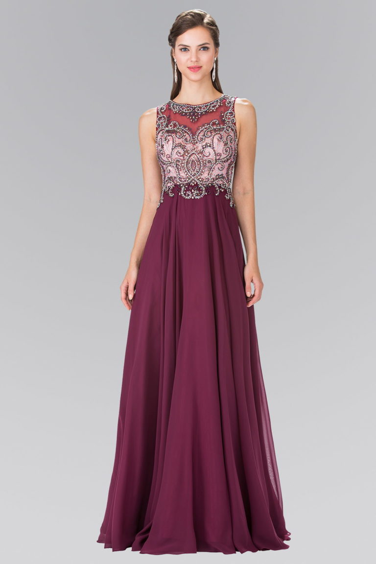 Beaded Top Chiffon Long Dress with Open Back - RoshelLuxe.com