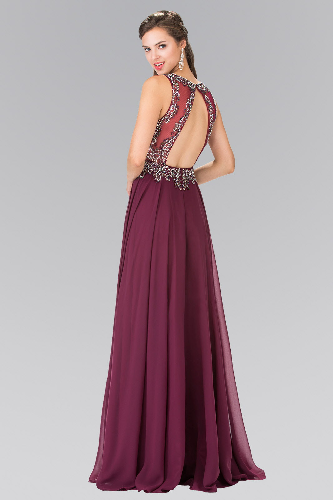 Beaded Top Chiffon Long Dress with Open Back - RoshelLuxe.com