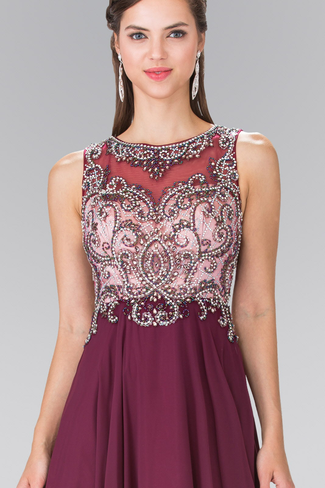 Beaded Top Chiffon Long Dress with Open Back - RoshelLuxe.com