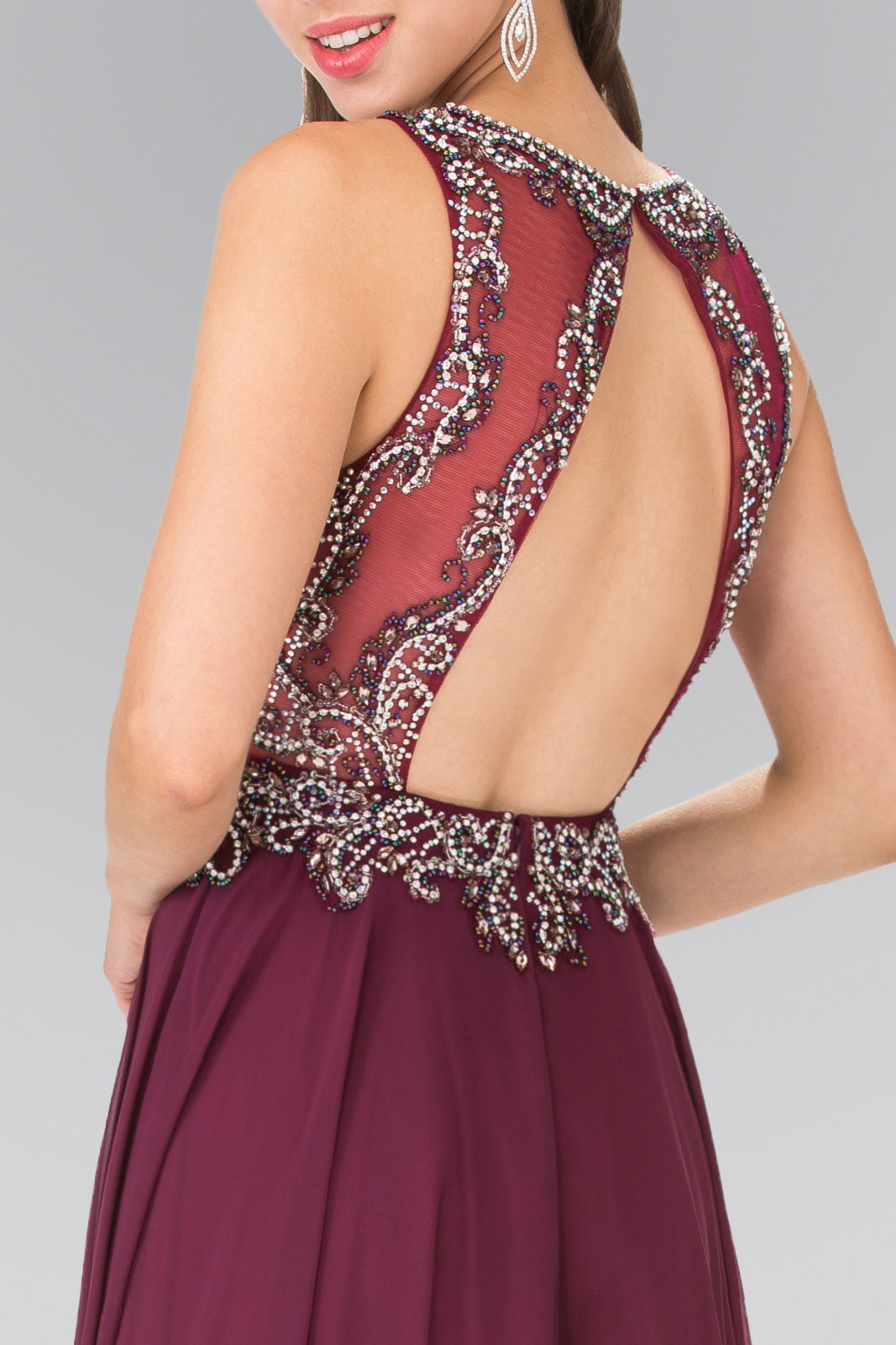 Beaded Top Chiffon Long Dress with Open Back - RoshelLuxe.com