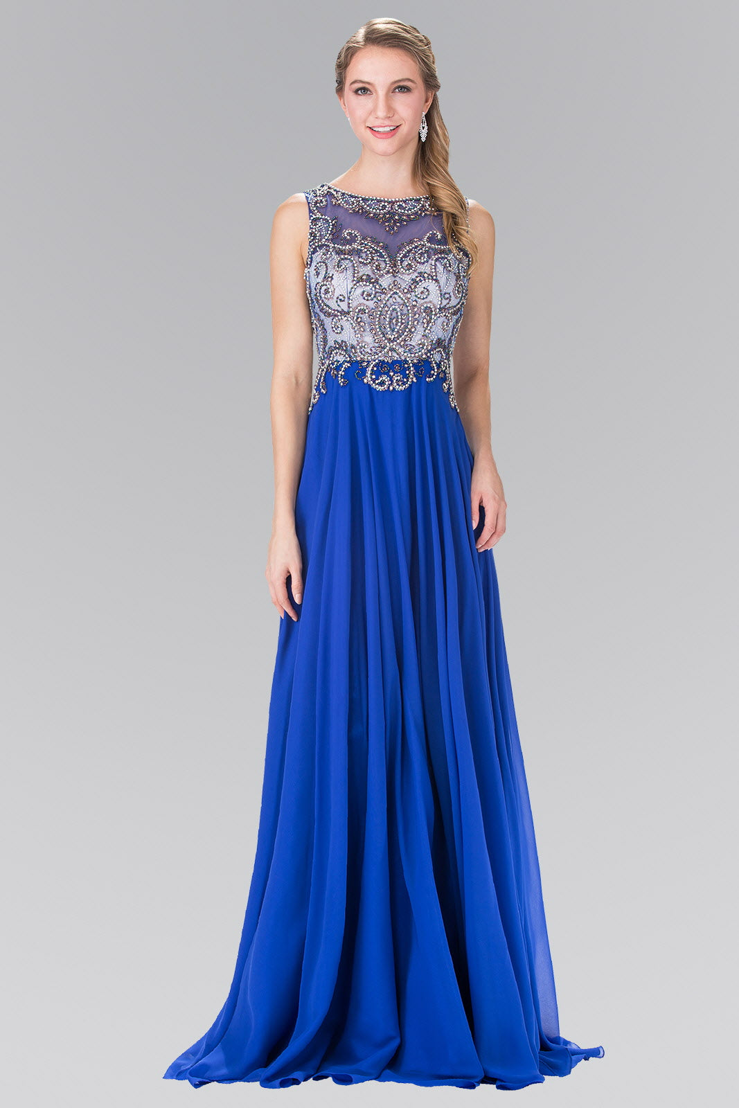 Beaded Top Chiffon Long Dress with Open Back - RoshelLuxe.com
