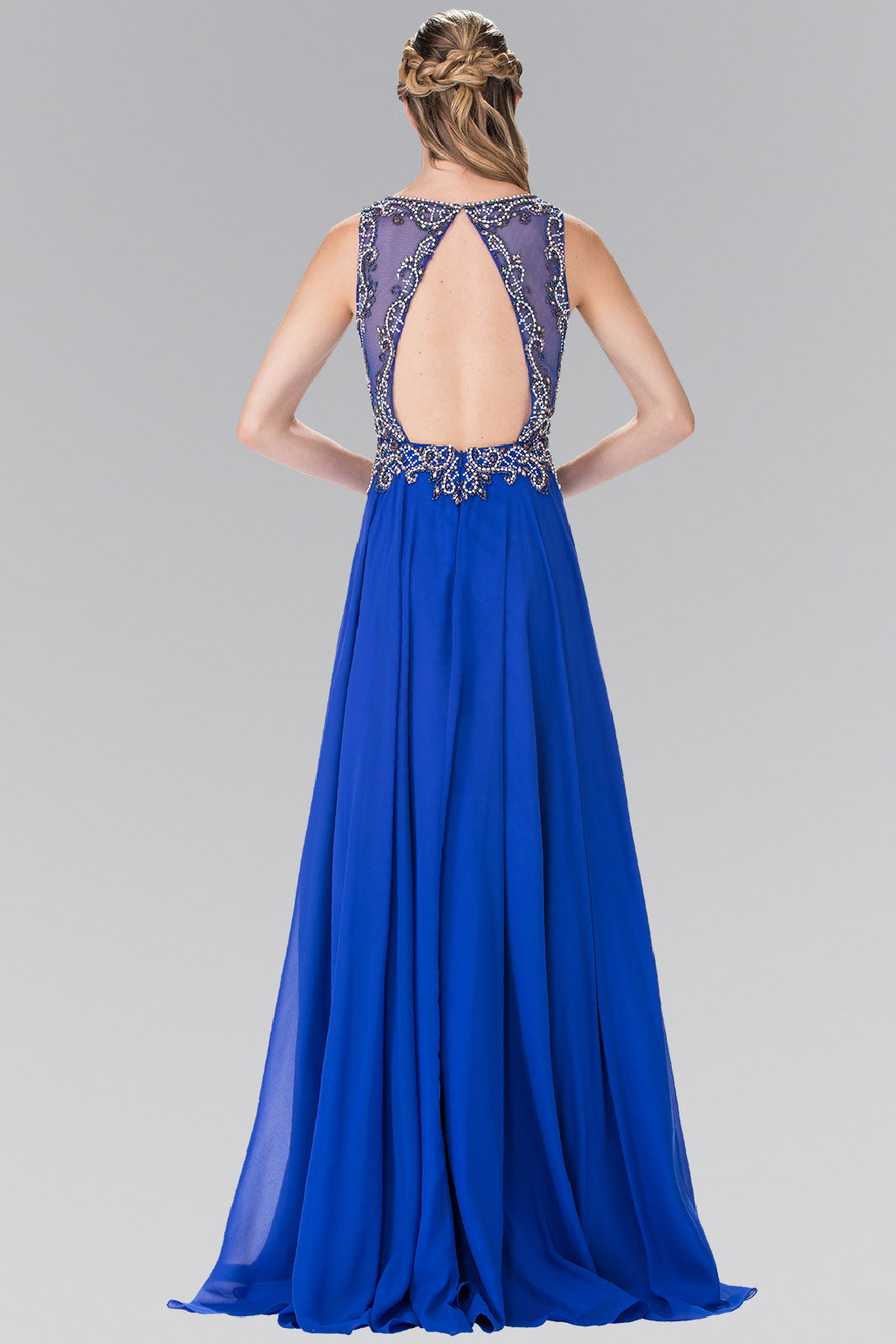 Beaded Top Chiffon Long Dress with Open Back - RoshelLuxe.com