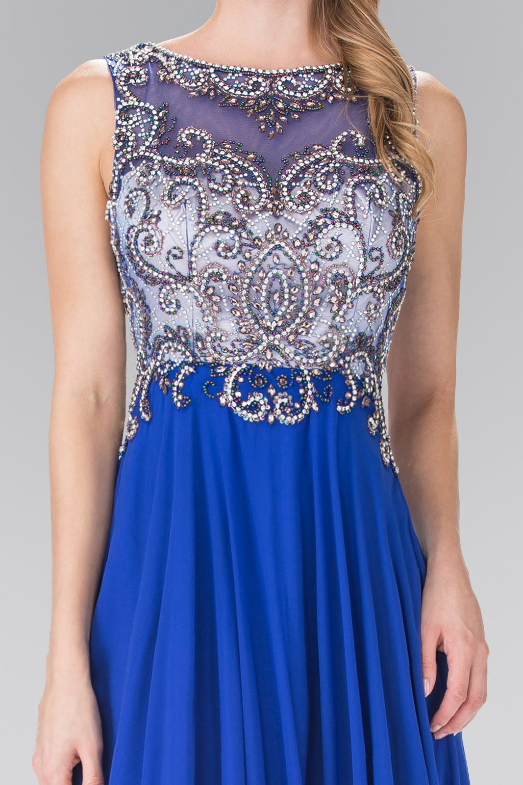 Beaded Top Chiffon Long Dress with Open Back - RoshelLuxe.com