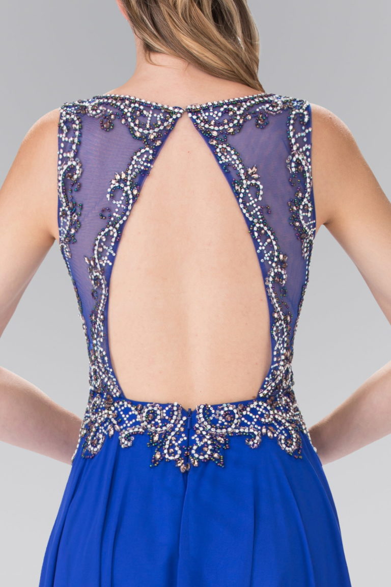 Beaded Top Chiffon Long Dress with Open Back - RoshelLuxe.com