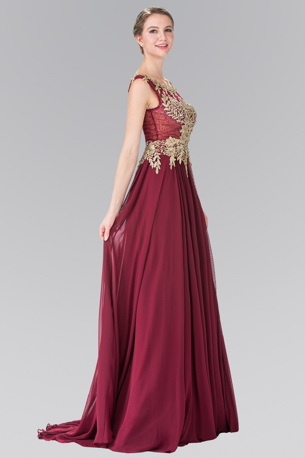 Flower Lace Chiffon Long Dress with Sheer Back - RoshelLuxe.com