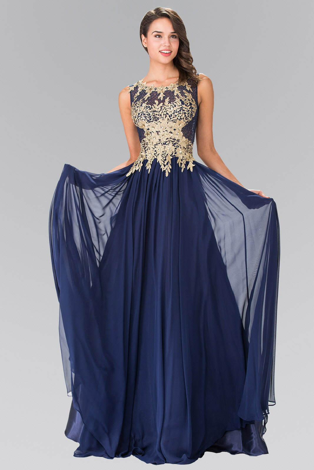 Flower Lace Chiffon Long Dress with Sheer Back - RoshelLuxe.com