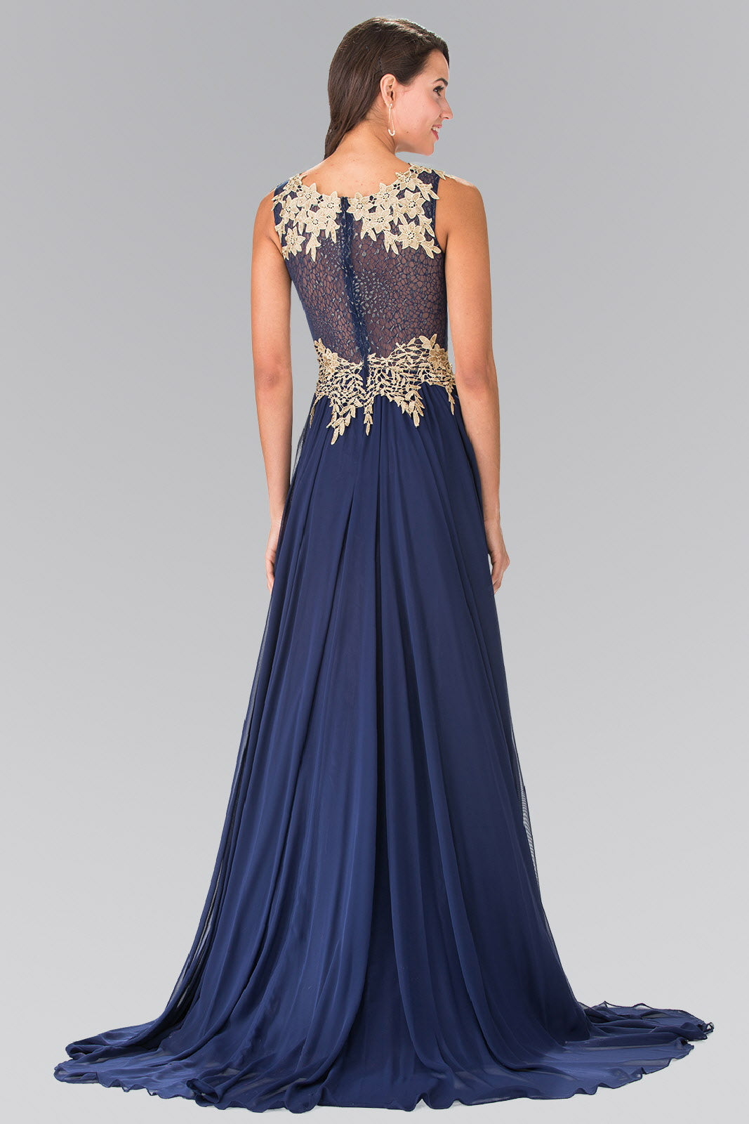Flower Lace Chiffon Long Dress with Sheer Back - RoshelLuxe.com