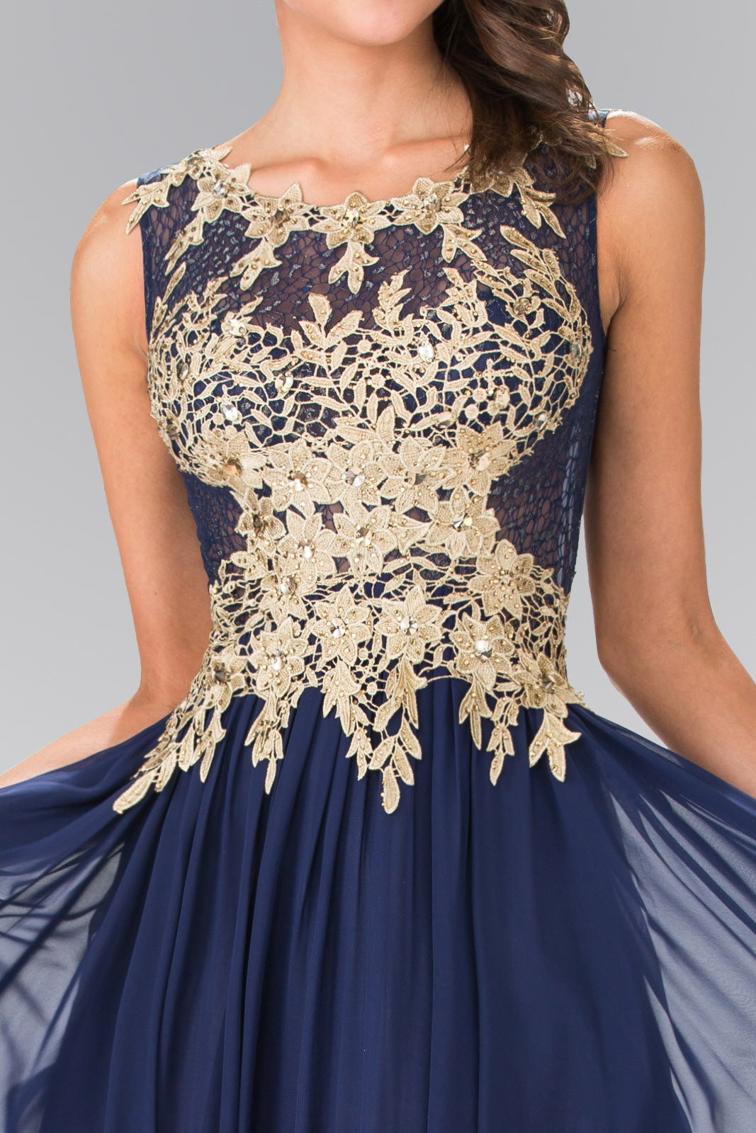 Flower Lace Chiffon Long Dress with Sheer Back - RoshelLuxe.com