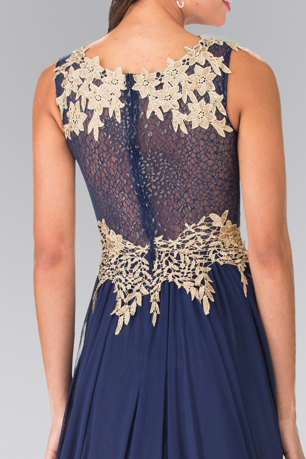 Flower Lace Chiffon Long Dress with Sheer Back - RoshelLuxe.com