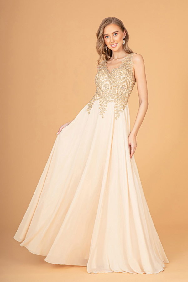 V-Neck Embroidered Chiffon Long Dress - RoshelLuxe.com