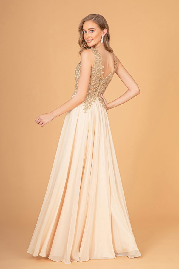 V-Neck Embroidered Chiffon Long Dress - RoshelLuxe.com