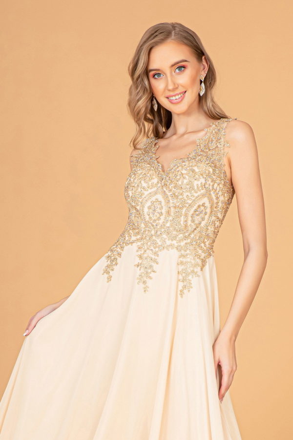 V-Neck Embroidered Chiffon Long Dress - RoshelLuxe.com