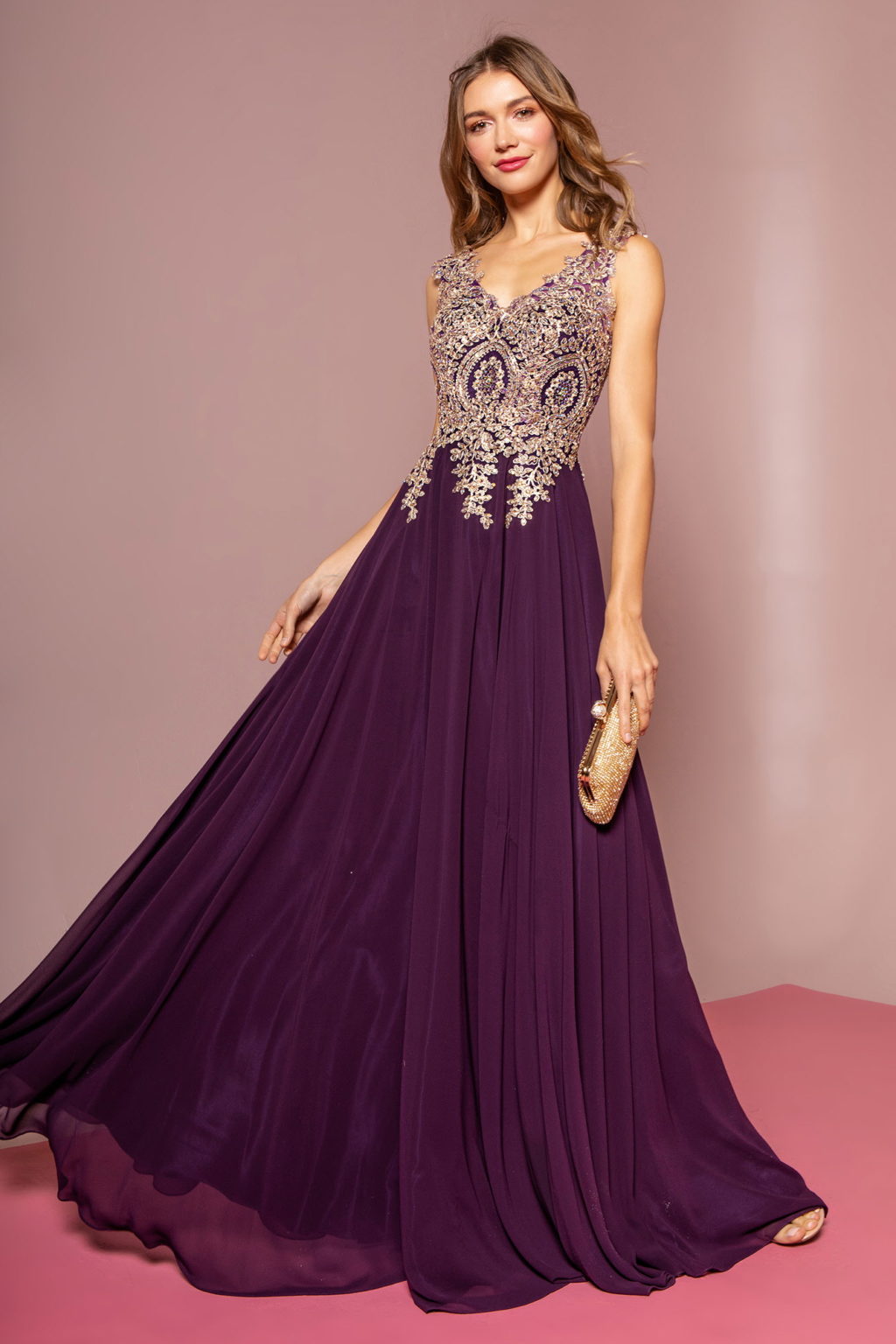 V-Neck Embroidered Chiffon Long Dress - RoshelLuxe.com