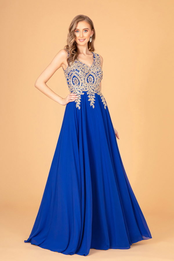 V-Neck Embroidered Chiffon Long Dress - RoshelLuxe.com