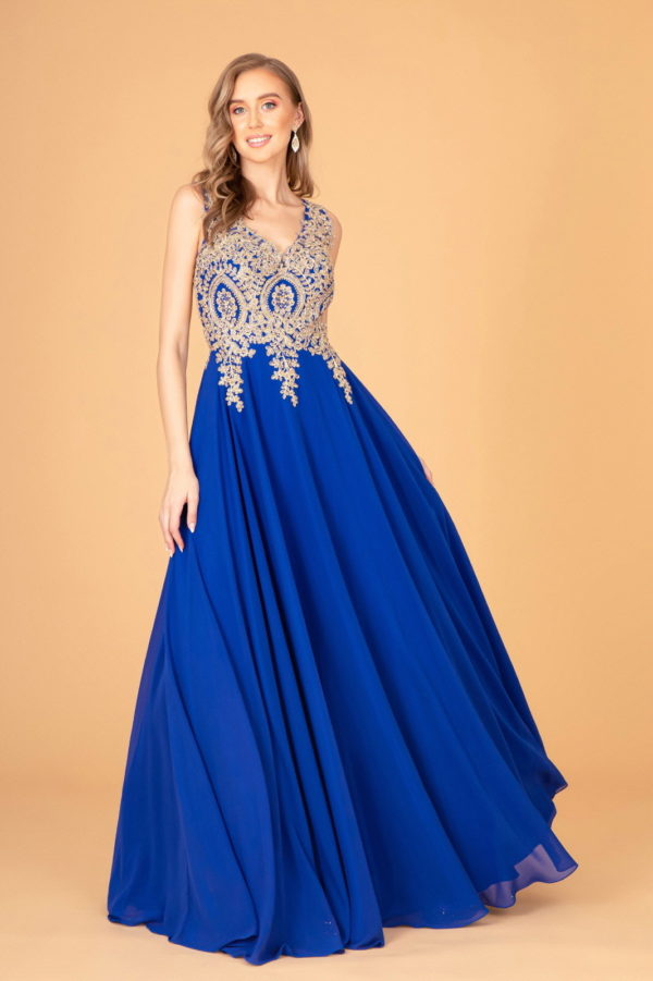 V-Neck Embroidered Chiffon Long Dress - RoshelLuxe.com