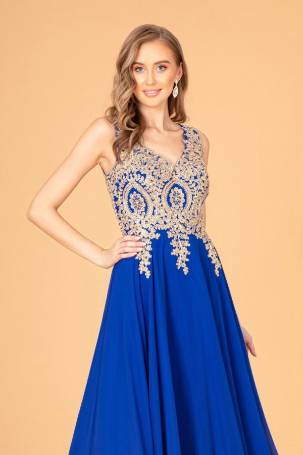 V-Neck Embroidered Chiffon Long Dress - RoshelLuxe.com