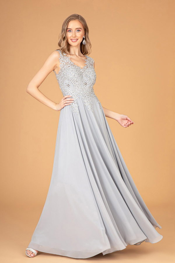 V-Neck Embroidered Chiffon Long Dress - RoshelLuxe.com