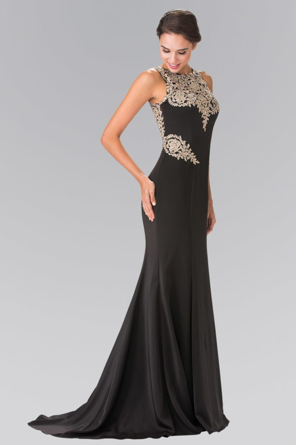 Embroidery Rome Jersey Long Dress with Open Back - RoshelLuxe.com