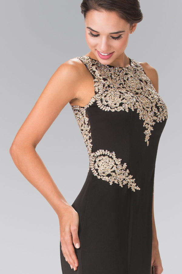 Embroidery Rome Jersey Long Dress with Open Back - RoshelLuxe.com