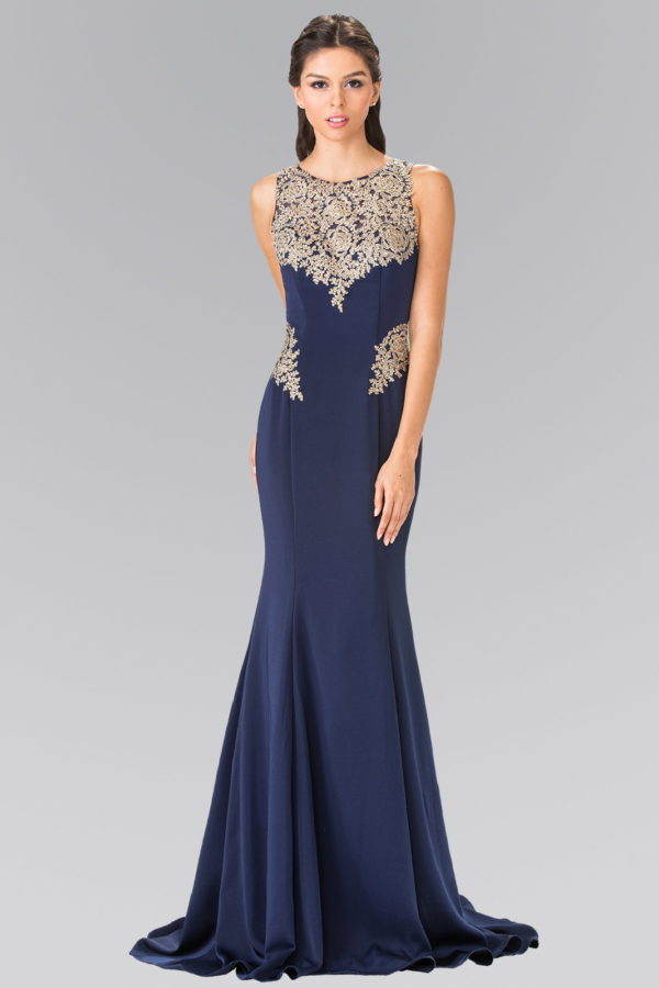 Embroidery Rome Jersey Long Dress with Open Back - RoshelLuxe.com
