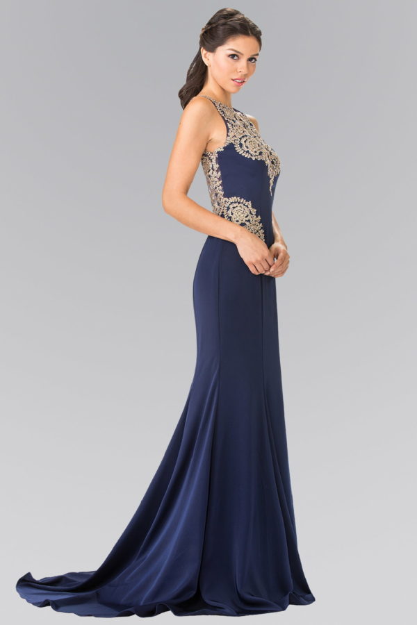Embroidery Rome Jersey Long Dress with Open Back - RoshelLuxe.com