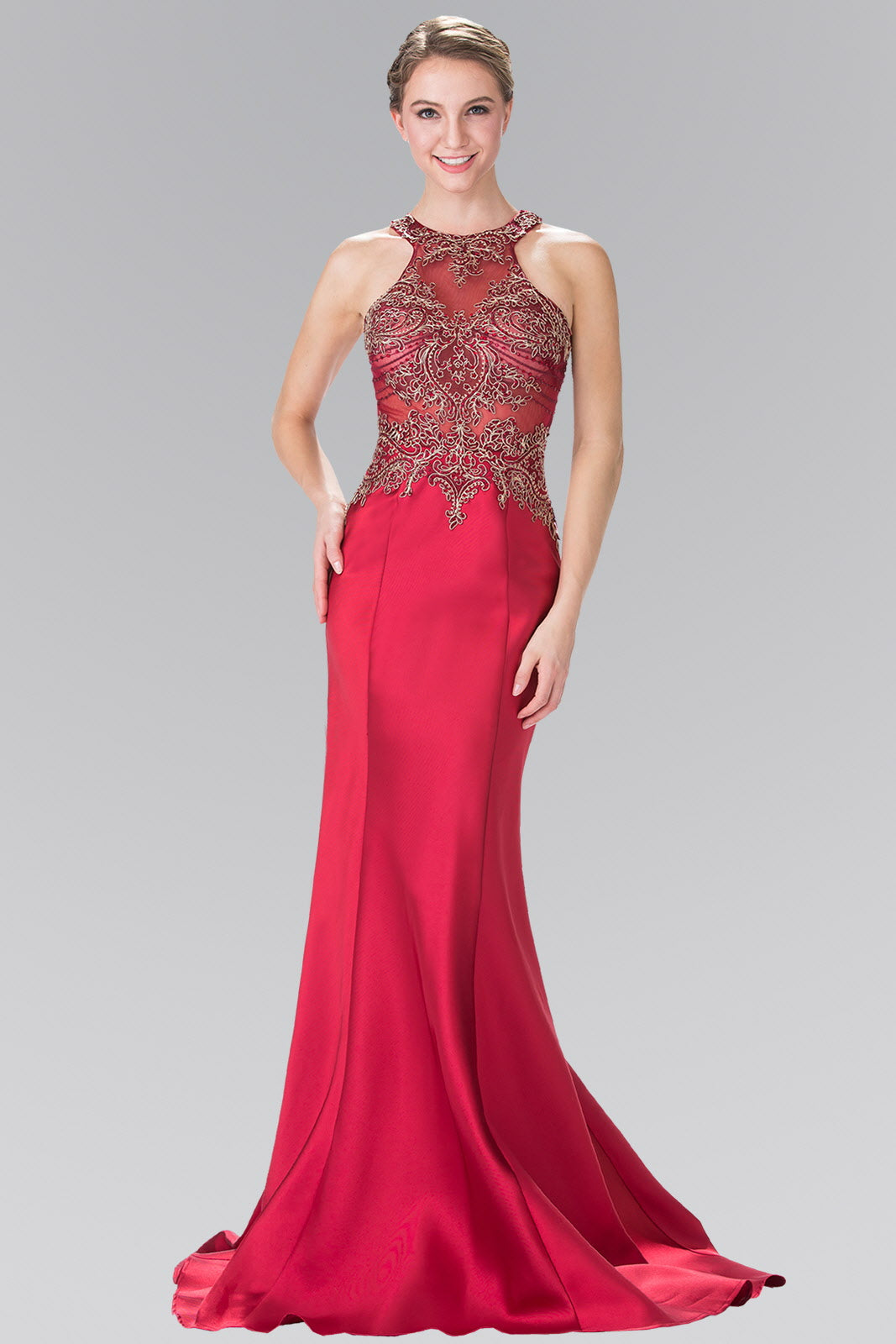 Beads and Embroidery Embellished Sheer Bodice Jersey Long Dress - RoshelLuxe.com
