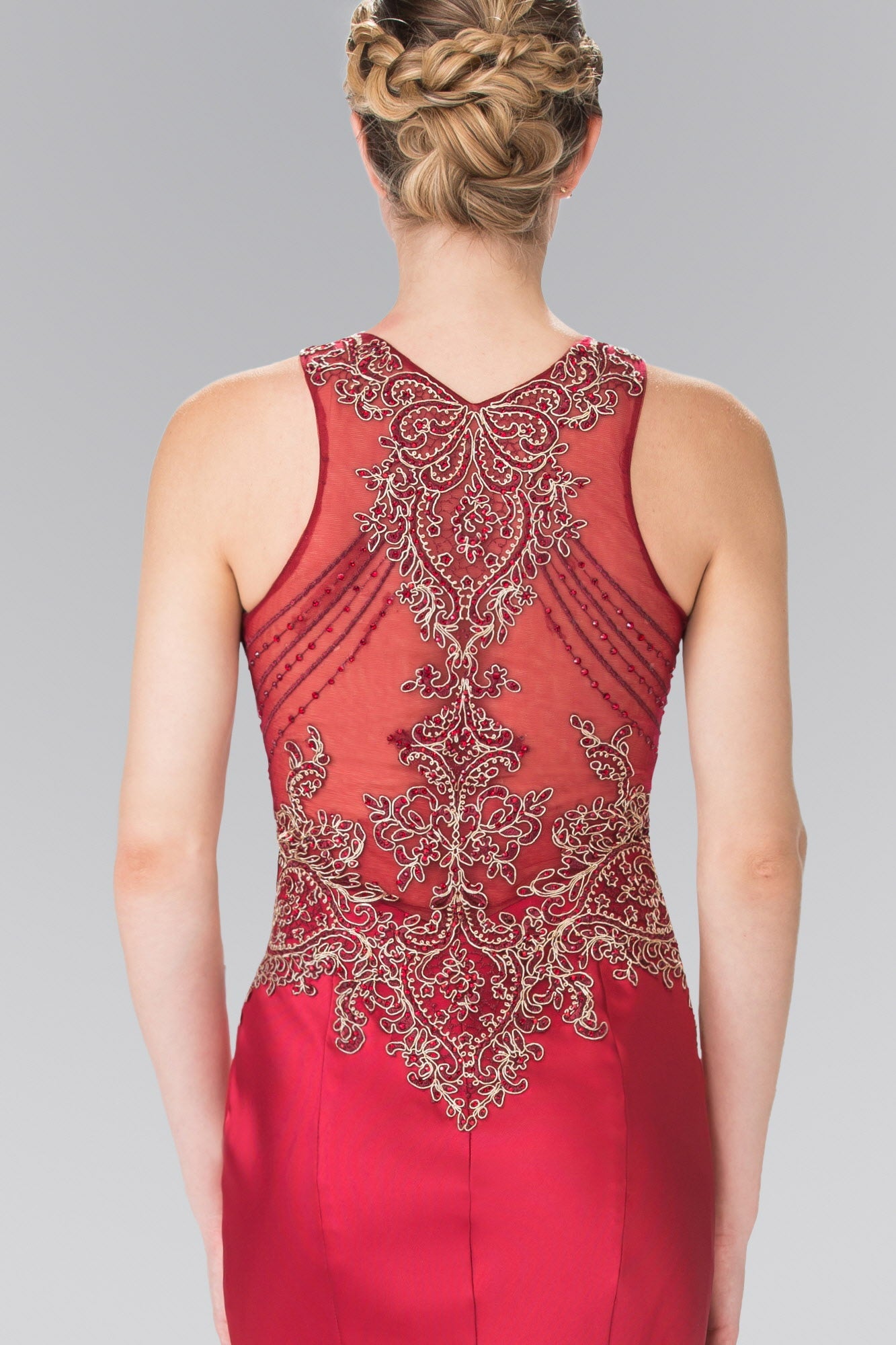 Beads and Embroidery Embellished Sheer Bodice Jersey Long Dress - RoshelLuxe.com