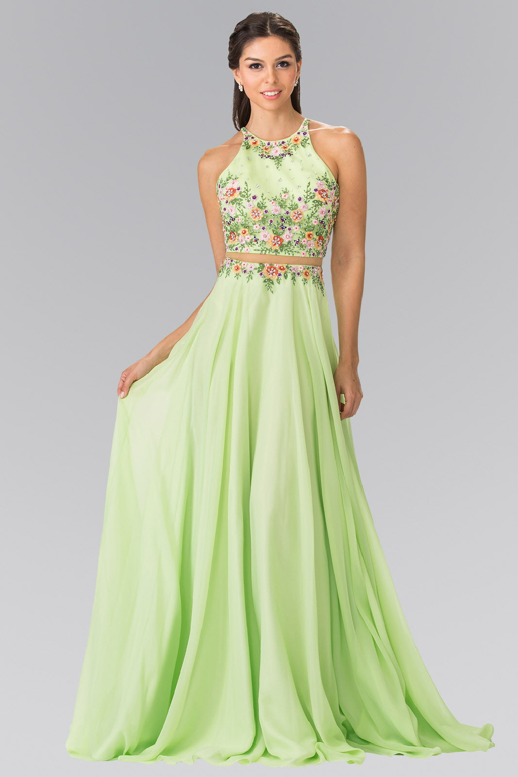 High-Neck Mock Two-Piece Long Dress with Criss Crossing Back - RoshelLuxe.com