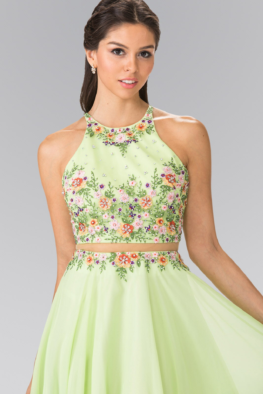 High-Neck Mock Two-Piece Long Dress with Criss Crossing Back - RoshelLuxe.com