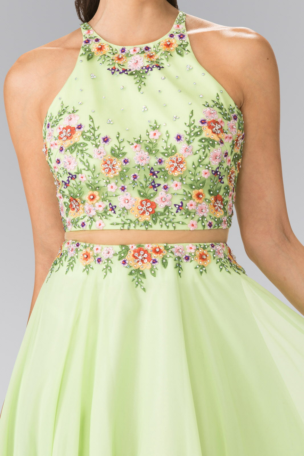 High-Neck Mock Two-Piece Long Dress with Criss Crossing Back - RoshelLuxe.com