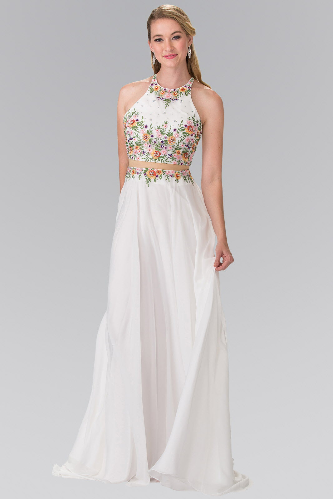 High-Neck Mock Two-Piece Long Dress with Criss Crossing Back - RoshelLuxe.com