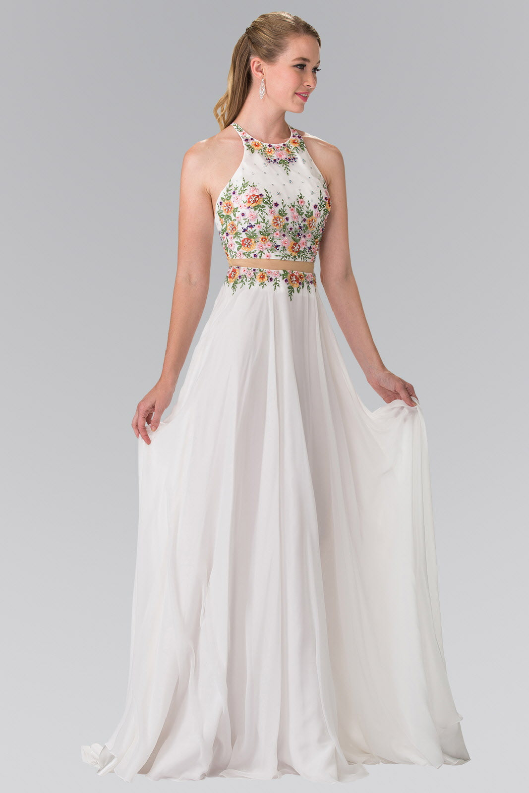 High-Neck Mock Two-Piece Long Dress with Criss Crossing Back - RoshelLuxe.com