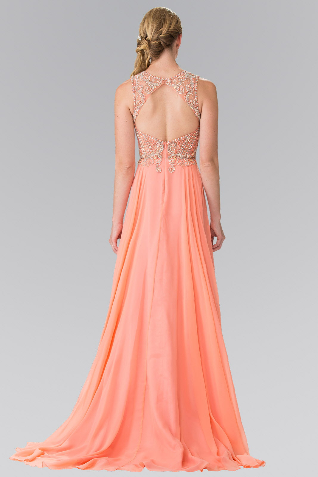 Beads Embellished Chiffon Long Dress with Cut-Out Back - RoshelLuxe.com