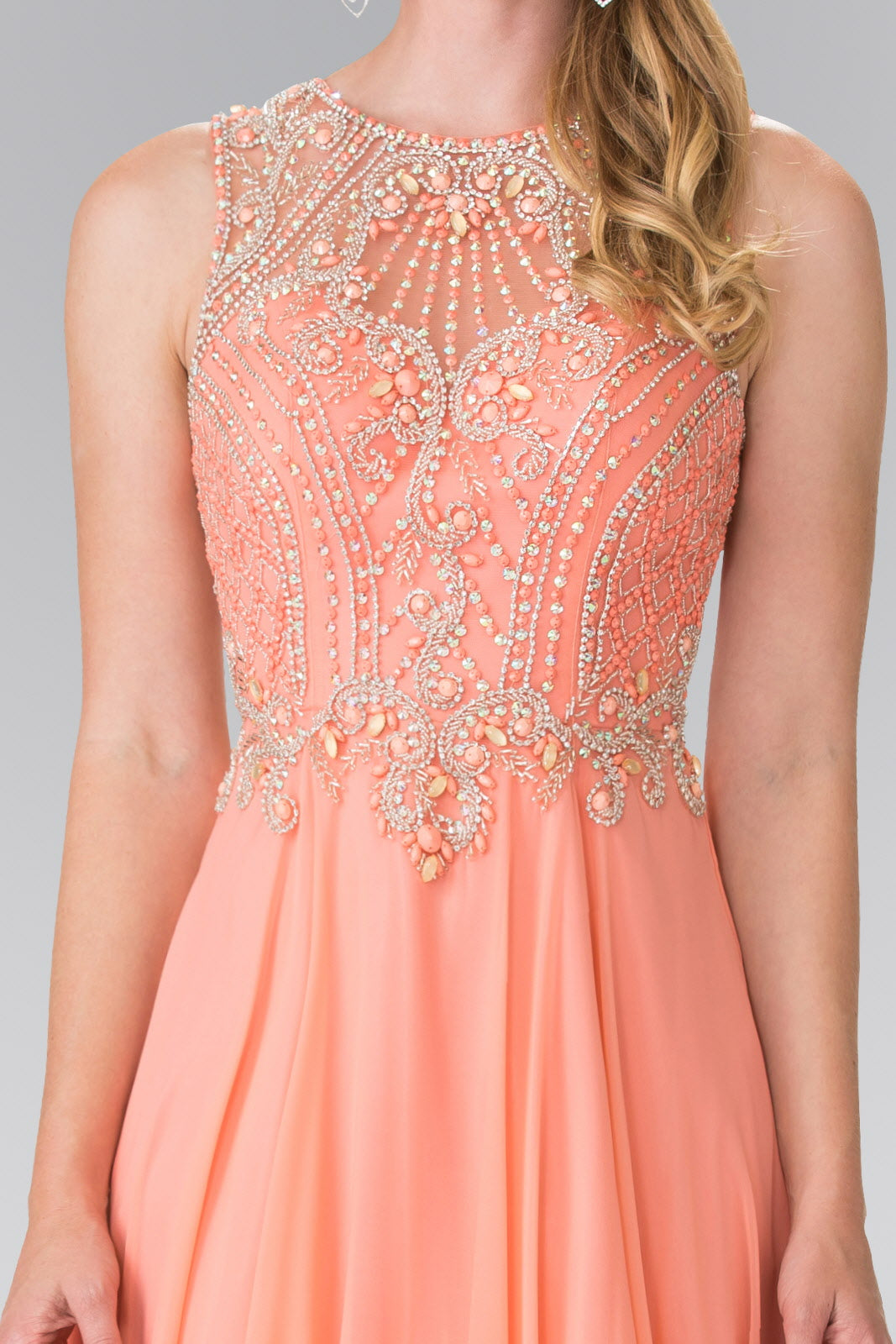 Beads Embellished Chiffon Long Dress with Cut-Out Back - RoshelLuxe.com