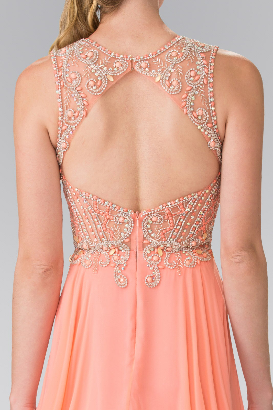 Beads Embellished Chiffon Long Dress with Cut-Out Back - RoshelLuxe.com