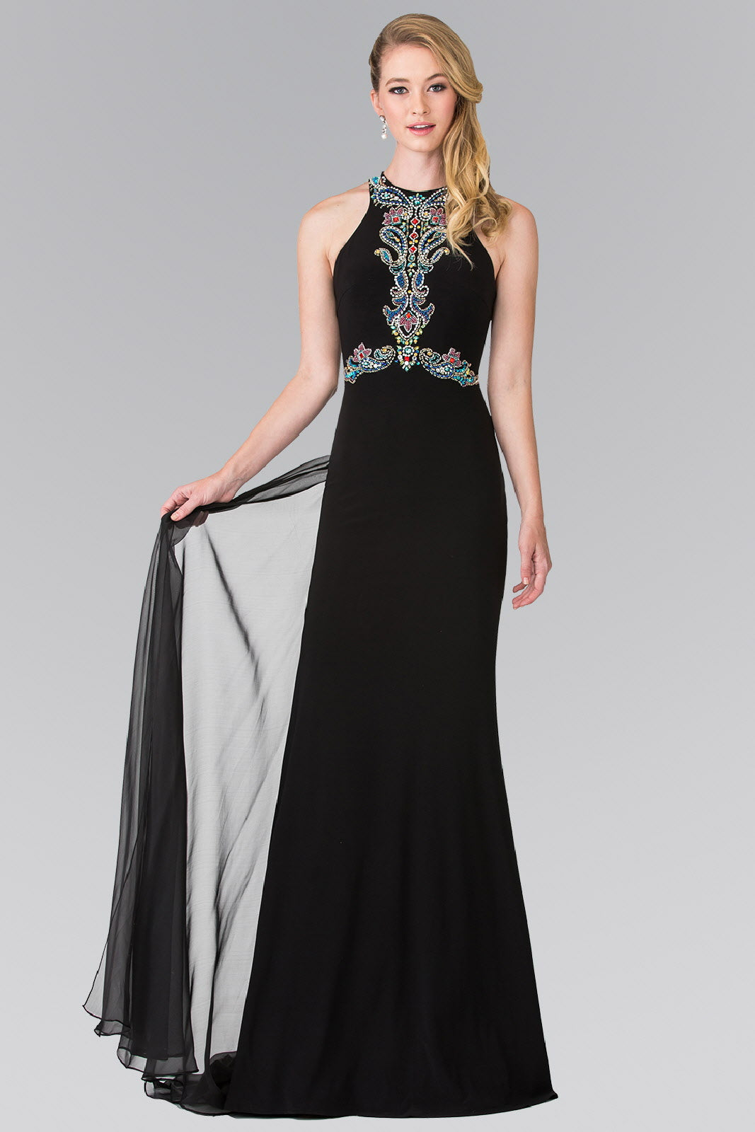 High Neck Beaded Top and Sheer Back Accented with Chiffon Tail - RoshelLuxe.com