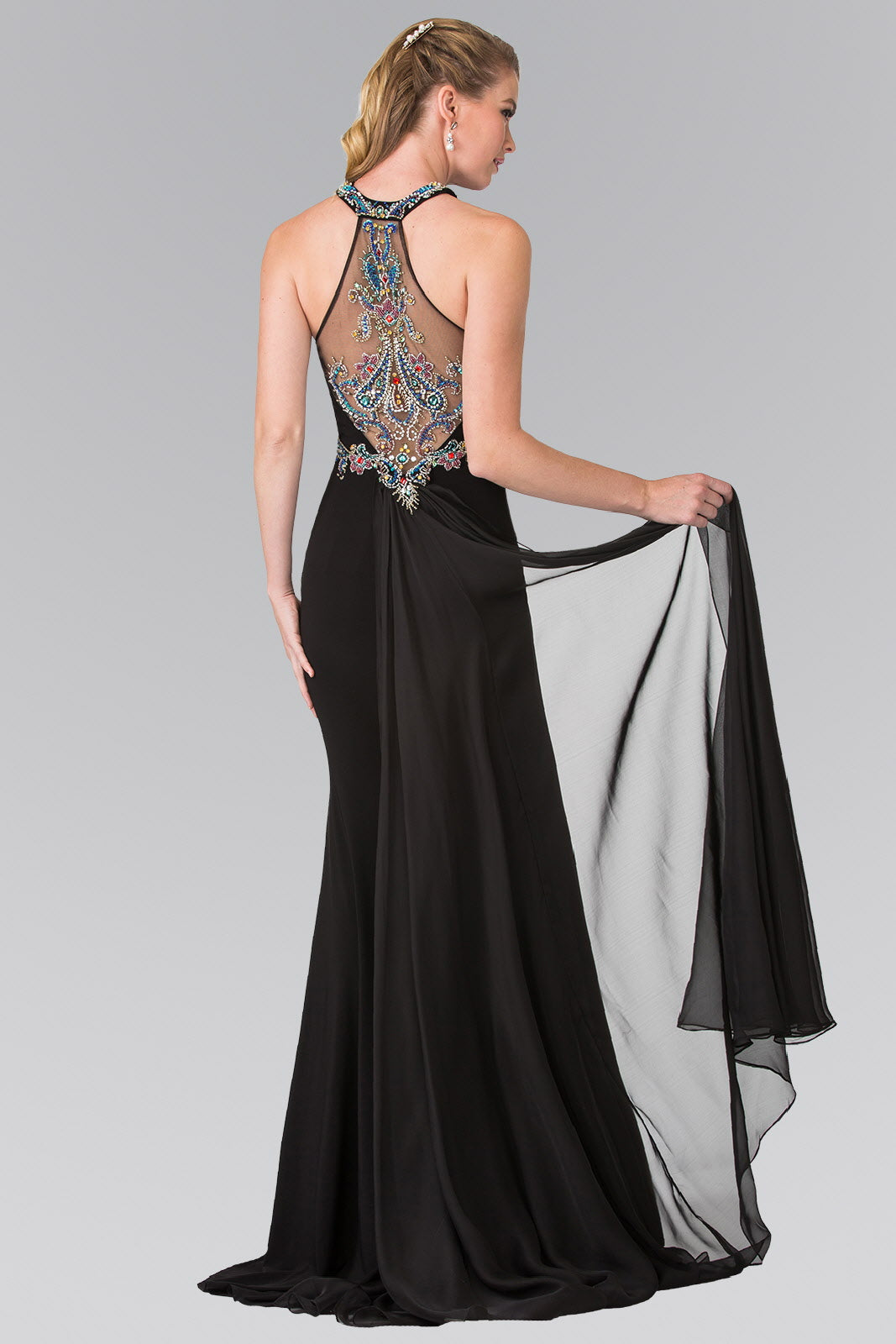 High Neck Beaded Top and Sheer Back Accented with Chiffon Tail - RoshelLuxe.com
