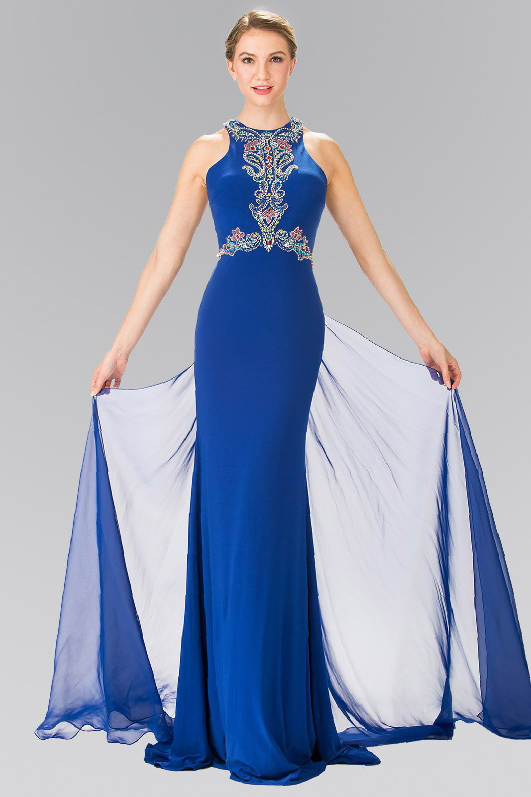 High Neck Beaded Top and Sheer Back Accented with Chiffon Tail - RoshelLuxe.com