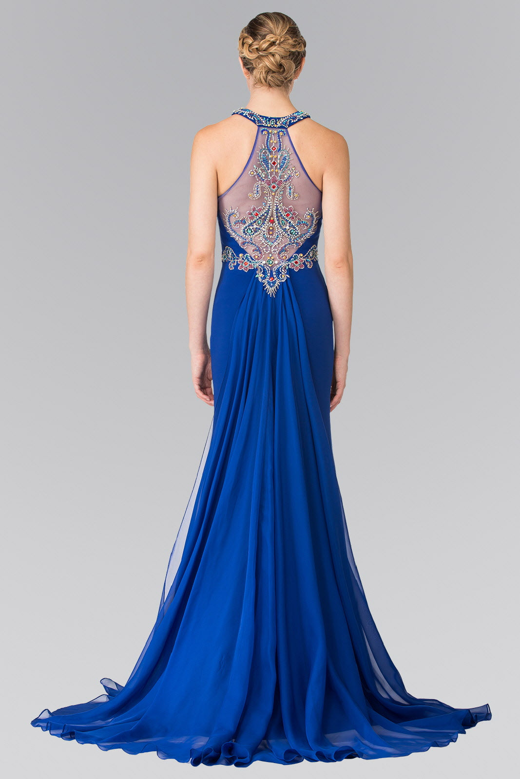 High Neck Beaded Top and Sheer Back Accented with Chiffon Tail - RoshelLuxe.com