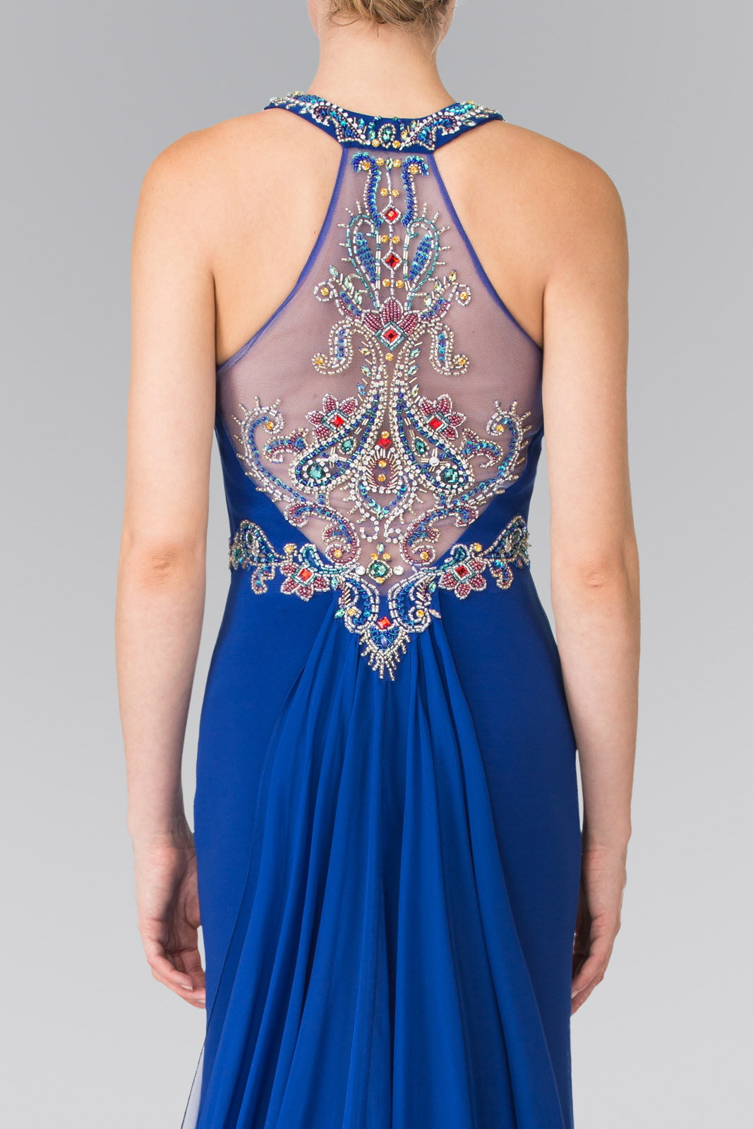 High Neck Beaded Top and Sheer Back Accented with Chiffon Tail - RoshelLuxe.com