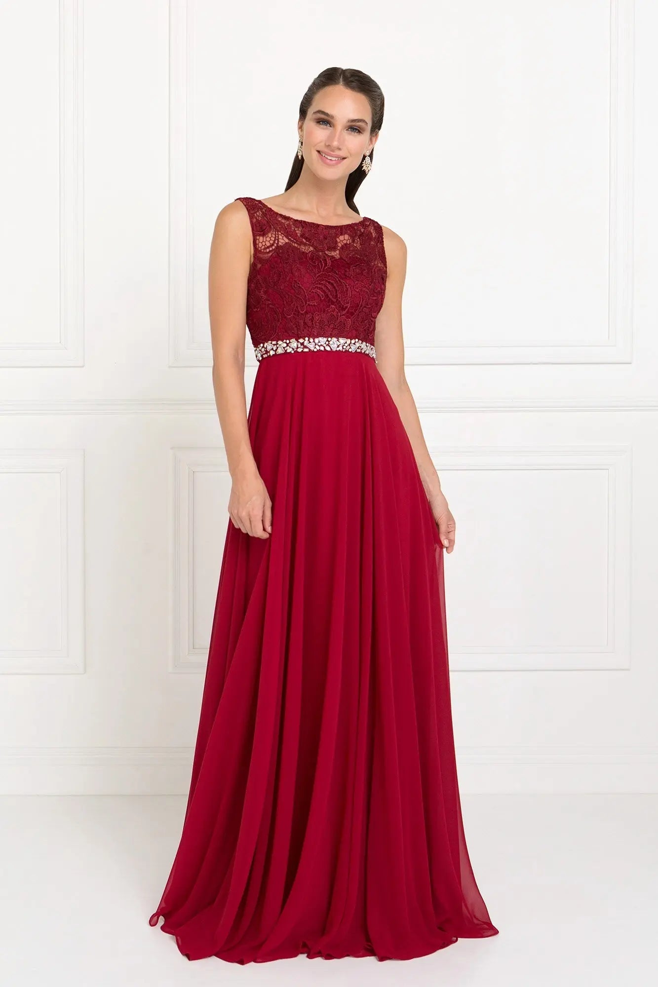 Lace Top Chiffon Long Dress Accented by Jewels on the Waist - RoshelLuxe.com